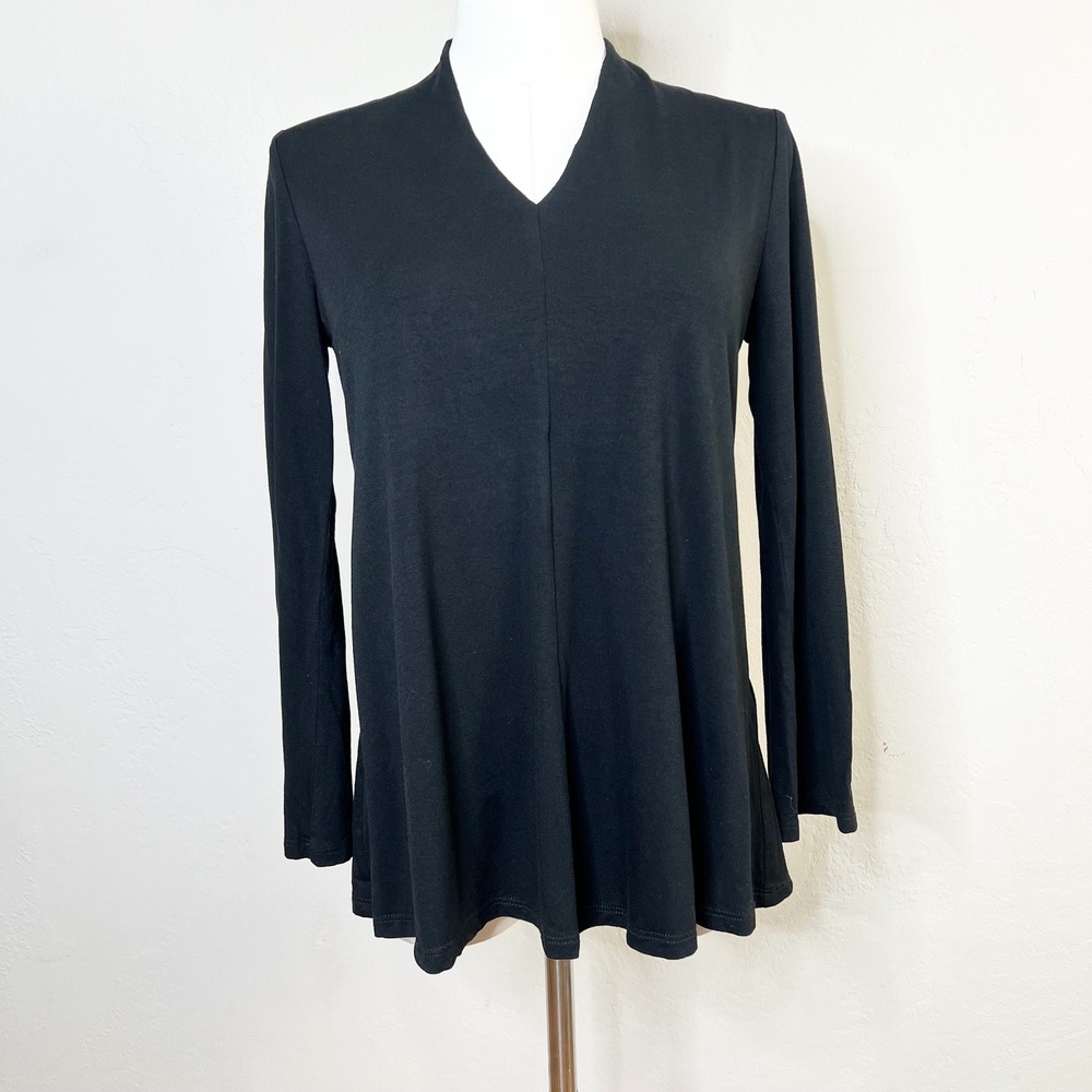Eileen Fisher Black V-Neck Long Sleeve Flowy Top Jersey Knit XXS Made in USA